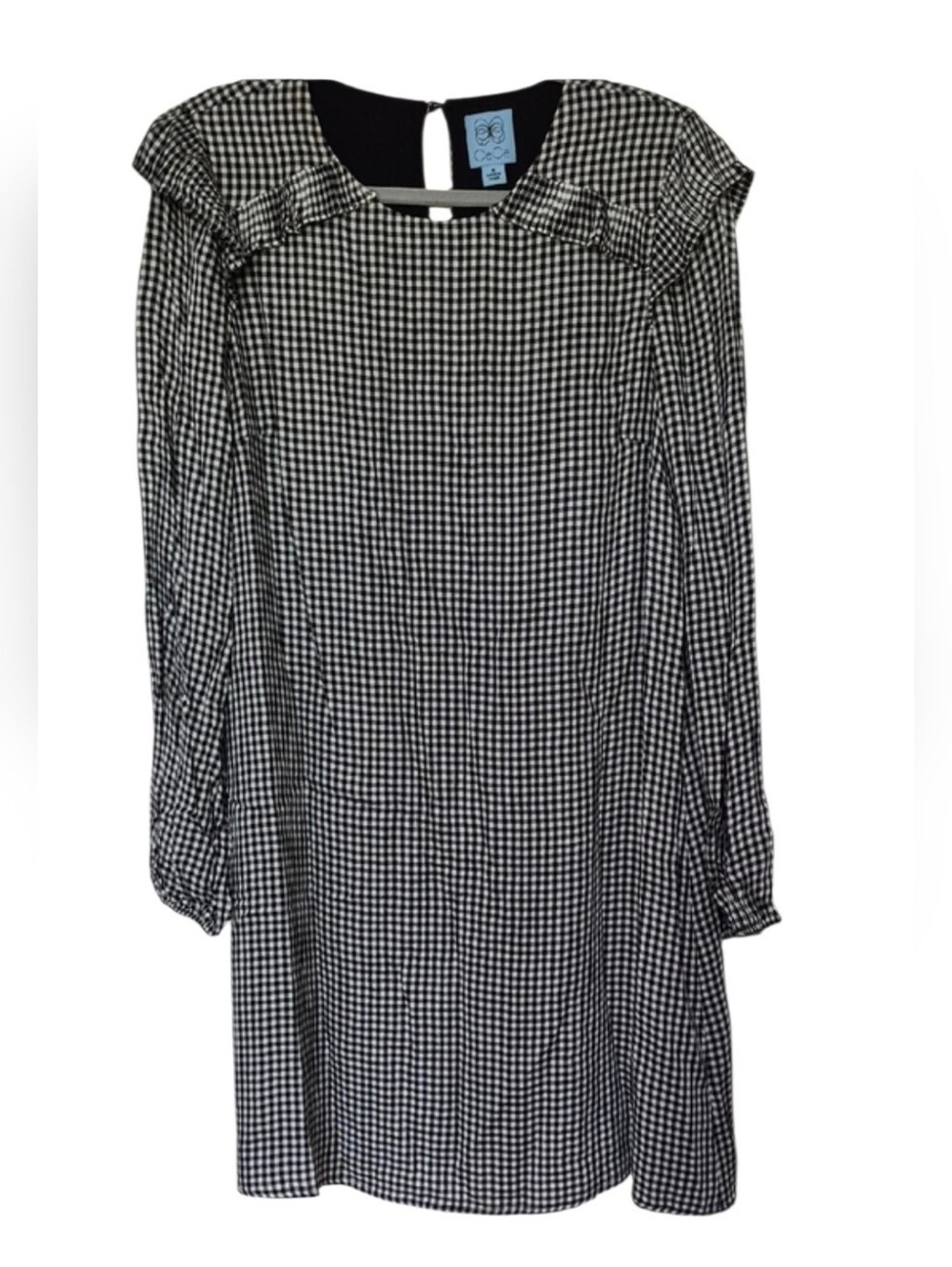CeCe Size Medium Black And White Plaid Dress Ruffle Accents Elastic Cuffs